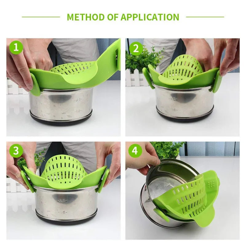 LMETJMA Universal Silicone Clip-on Pan Pot Strainer Anti-spill Pasta Pot Strainer Food Grade Rice Fruit Colander Strainer KC0111