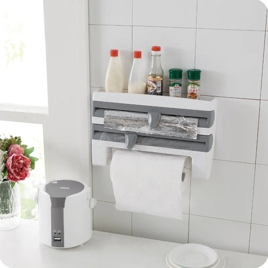 Wall-Mount Paper Towel Holder Sauce Bottle Rack 4In1 Cling Film Cutting Holder Mutifunction Kitchen Organizer Kitchen Accessorie