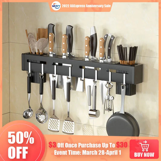 Wall Mounted Knife Holder Stainless Steel Shelf Kitchen Nail-Free Storage Rack Cutlery with Hook Kitchen Cabinet Organizer