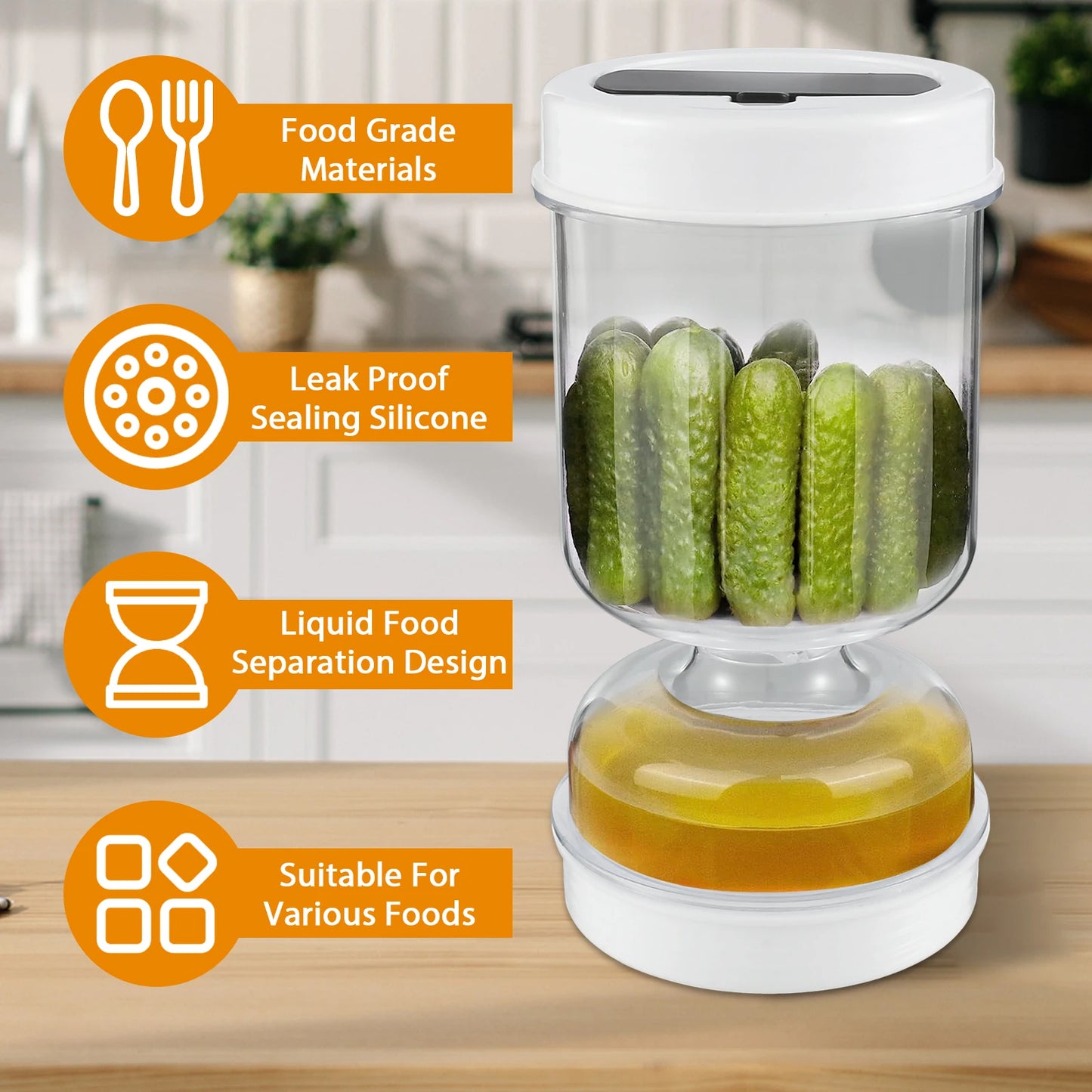 Pickle Container with Strainer Home Dry and Wet Dispenser Pickles and Olives Jar Cucumber Container for Kitchen Food Container